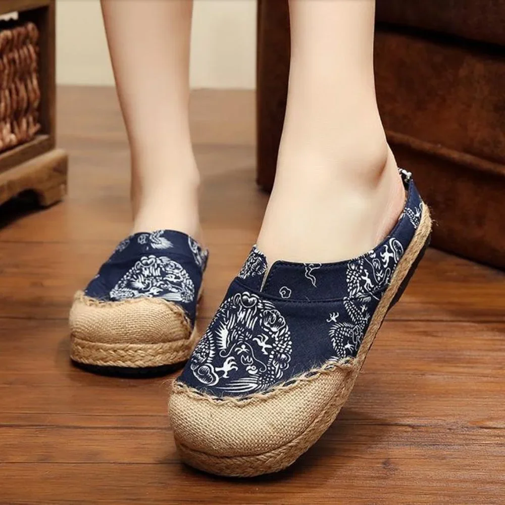 Old Beijing Navy Boho Print Canvas Espadrilles EUC sz 6